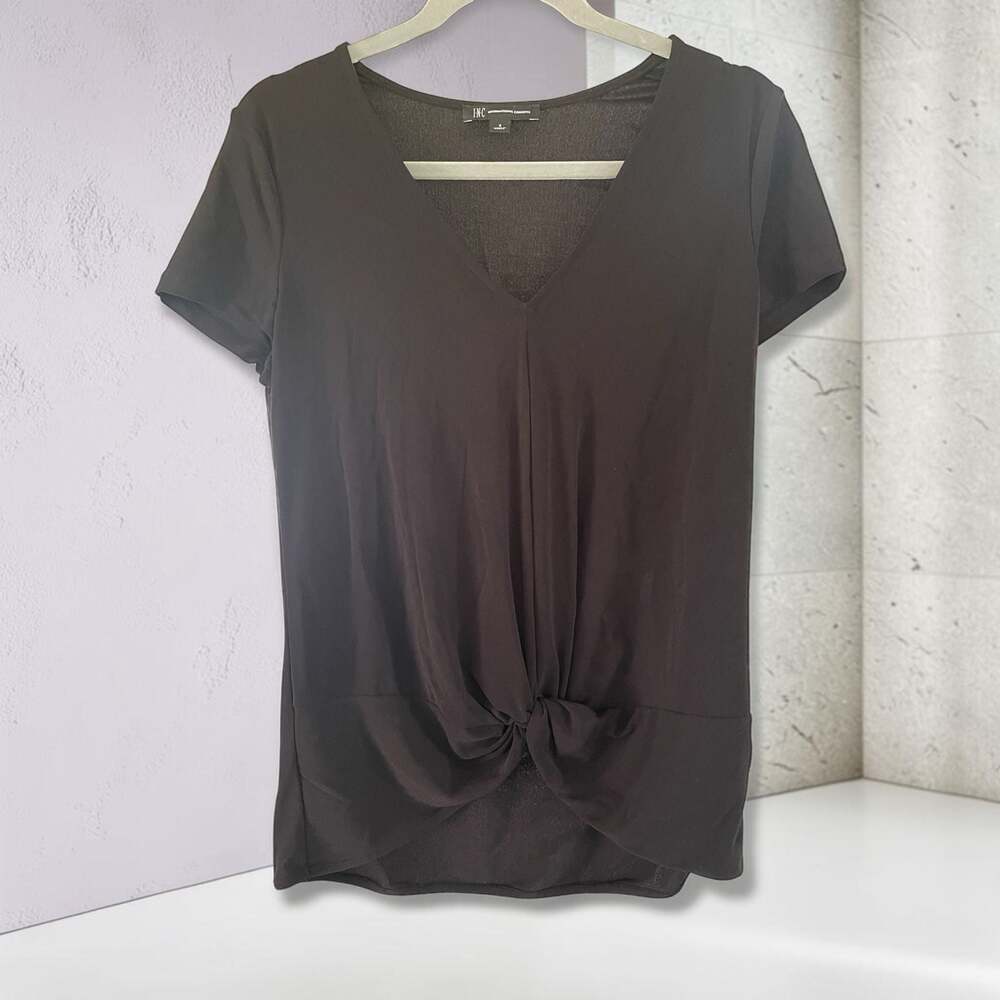 INC International Concepts Women's Black Short Sleeve V-Neck Twist Front Tee